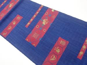 横段に椿・野菜・抽象模様織出し洒落袋帯